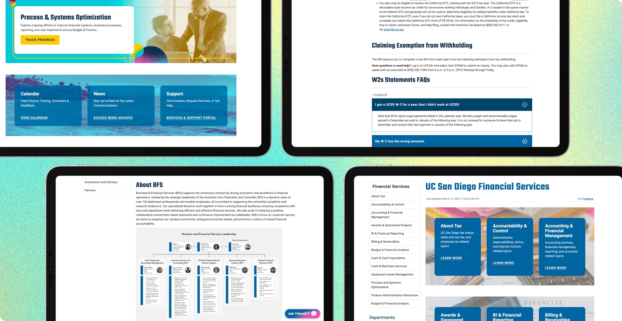 Four tablet mockups of BFS Blink pages: a Process & Systems Optimization card, a Claiming Exemption from Withholding article, an About BFS org chart, and the Financial Services landing page.