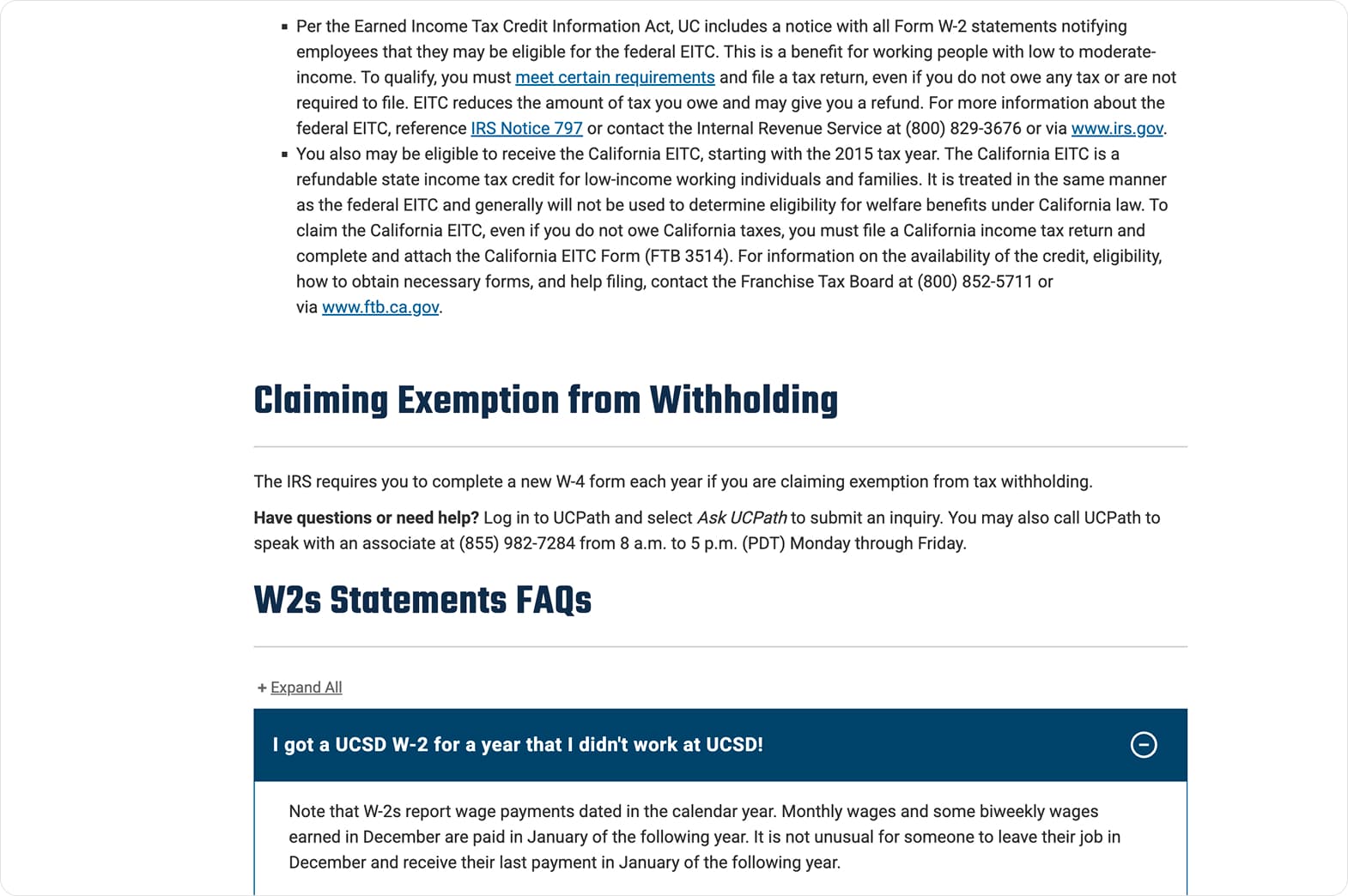 A UC San Diego Blink page listing EITC eligibility bullet points beside a “Claiming Exemption from Withholding” section and a W-2 Statements FAQ.