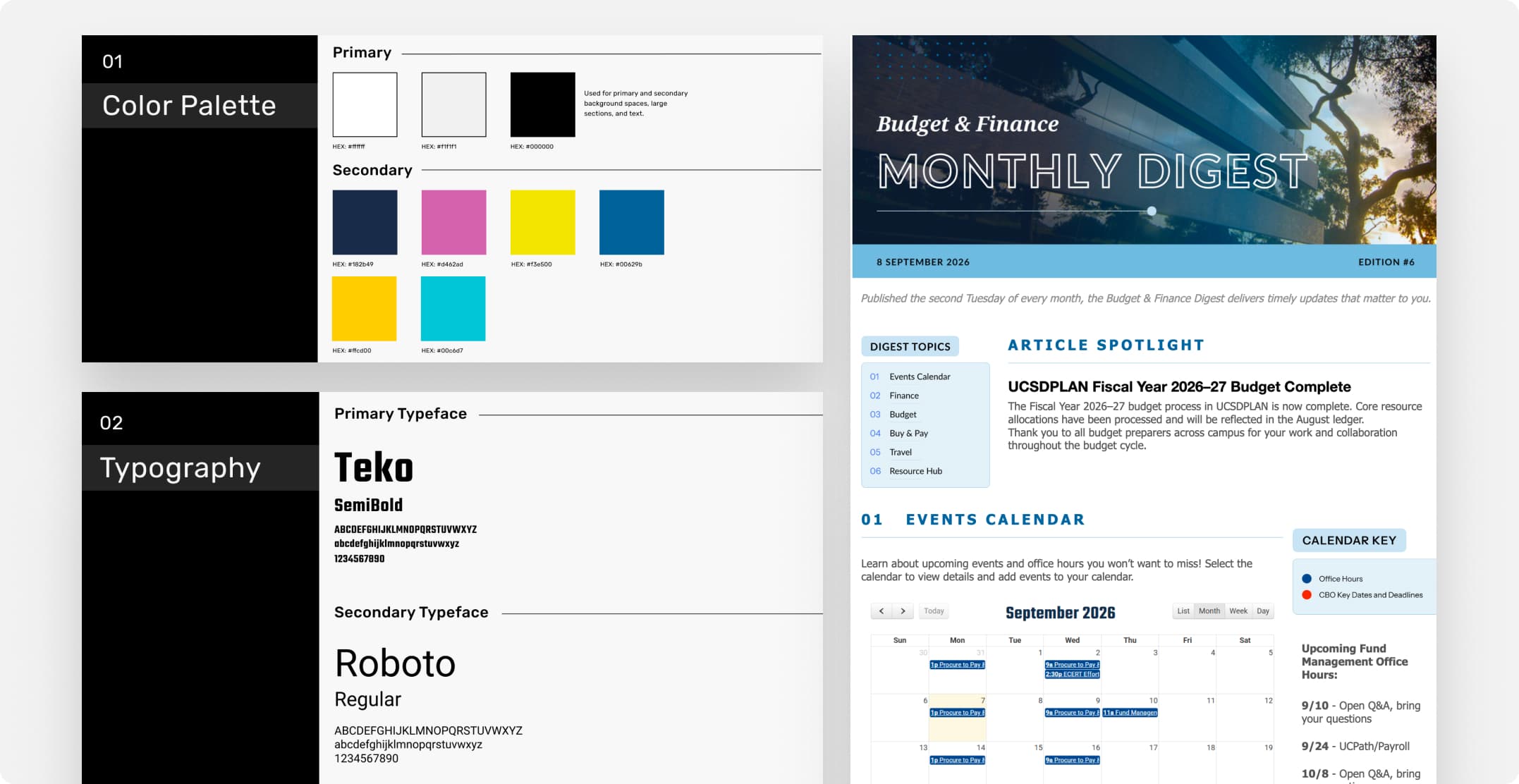Side by side of a Color Palette and Typography style guide slide and the rendered Monthly Digest newsletter built from that same system, with an events calendar and article spotlight.