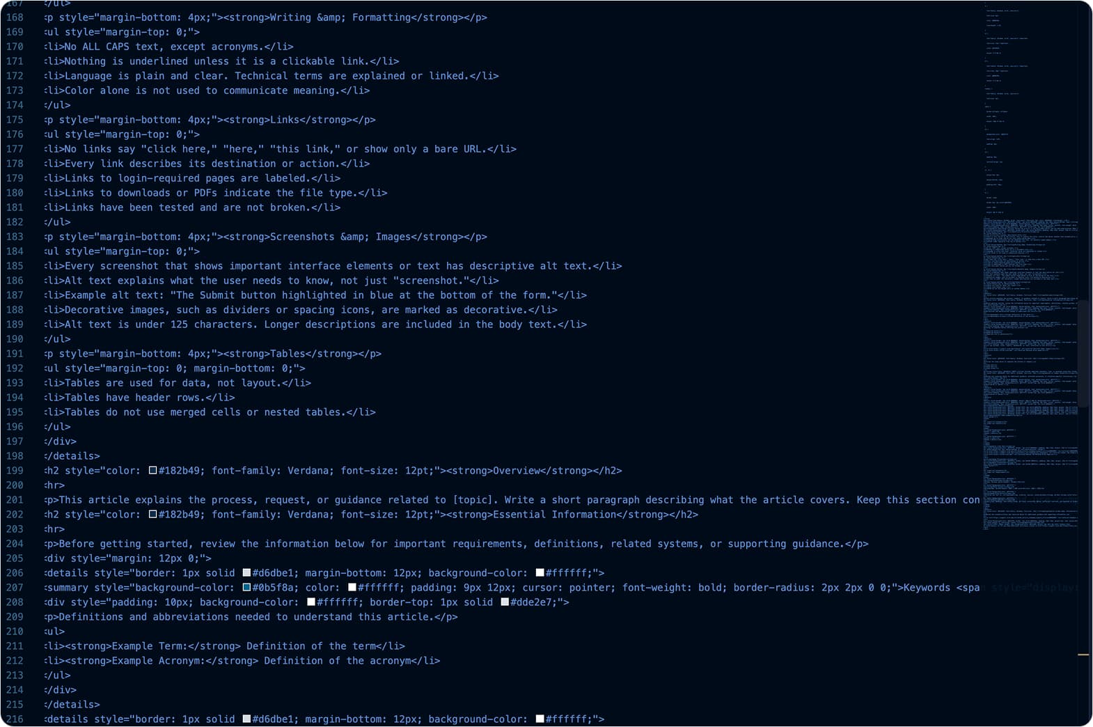 A dark-mode code editor showing HTML for an accessibility checklist, with details/summary blocks, styled headings, and a Tables section.