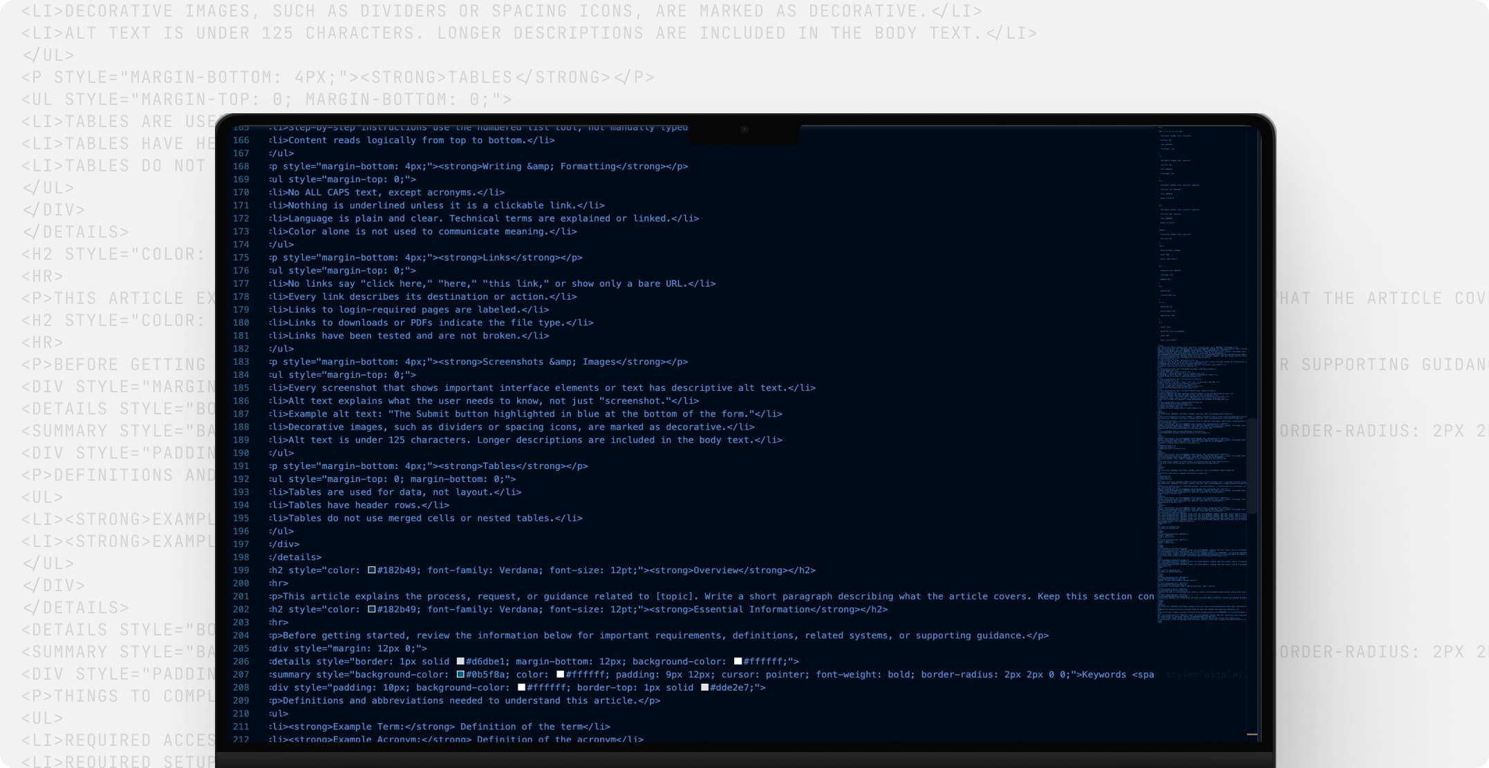 A laptop displaying dark-mode HTML source code for a Knowledge Base Article template, with structured, accessibility-focused markup.