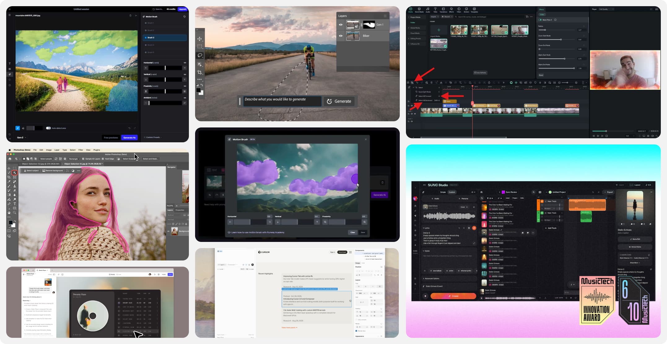 A grid of professional editing tools under audit — color-grading panels, a non-linear timeline editor, and a photo-retouching workspace — each annotated with usability callouts.