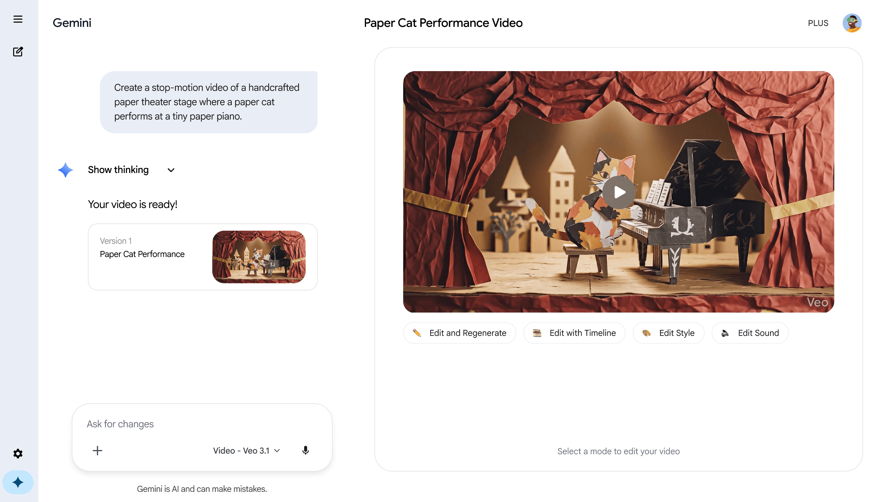 The same paper-cat performance video open in Gemini's chat, with the four editing-mode buttons — Edit and Regenerate, Edit with Timeline, Edit Style, and Edit Sound — beneath it.