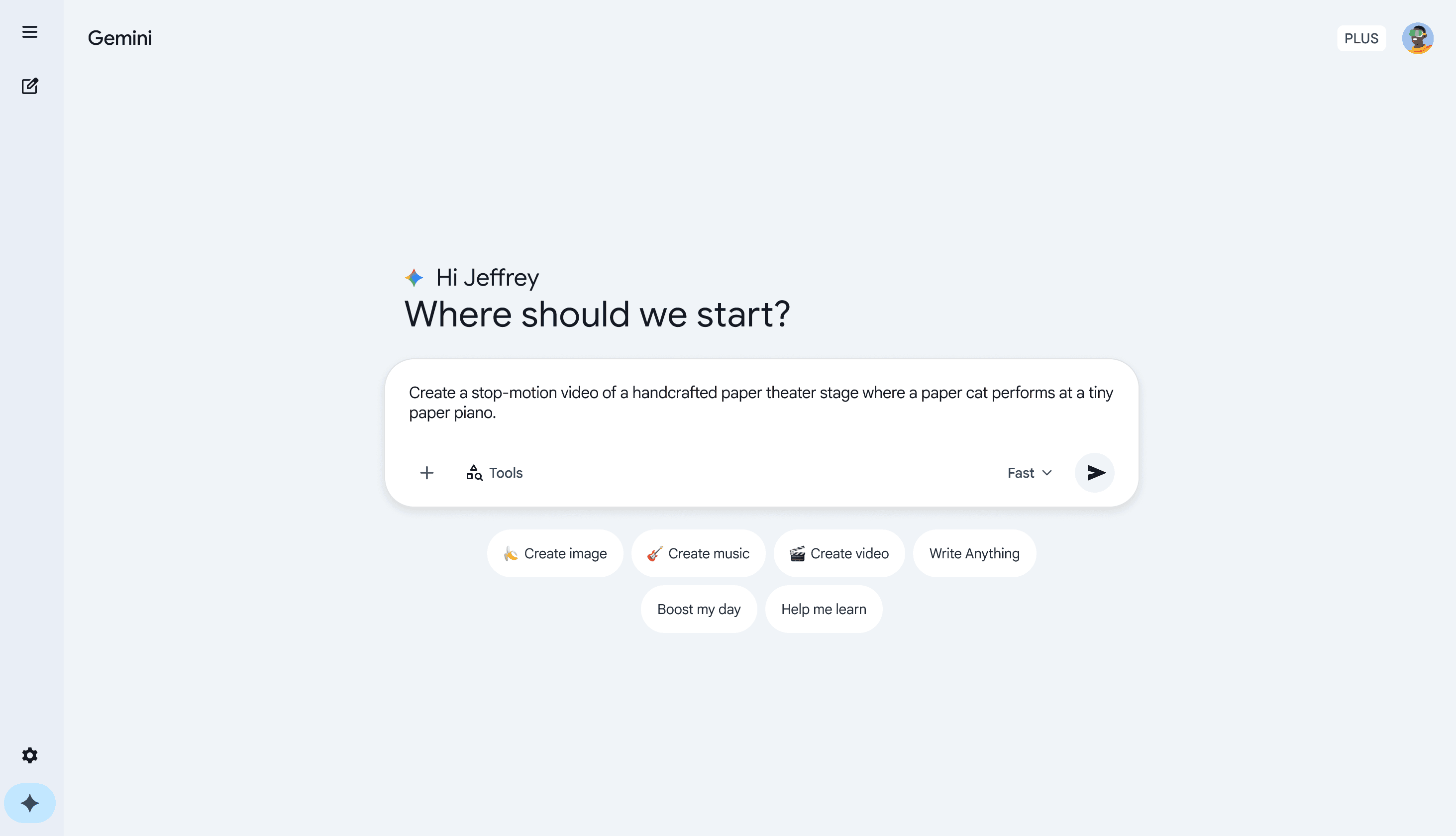 Gemini's blank chat screen greeting “Hi Jeffrey — Where should we start?”, with a prompt describing a stop-motion paper-cat video and quick-action chips for creating an image, music, or video.
