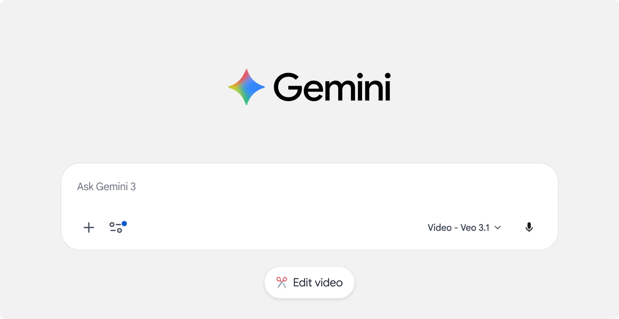 Gemini's minimal chat home screen, with a single search bar reading “Ask Gemini 3” and an “Edit video” quick action beneath it.