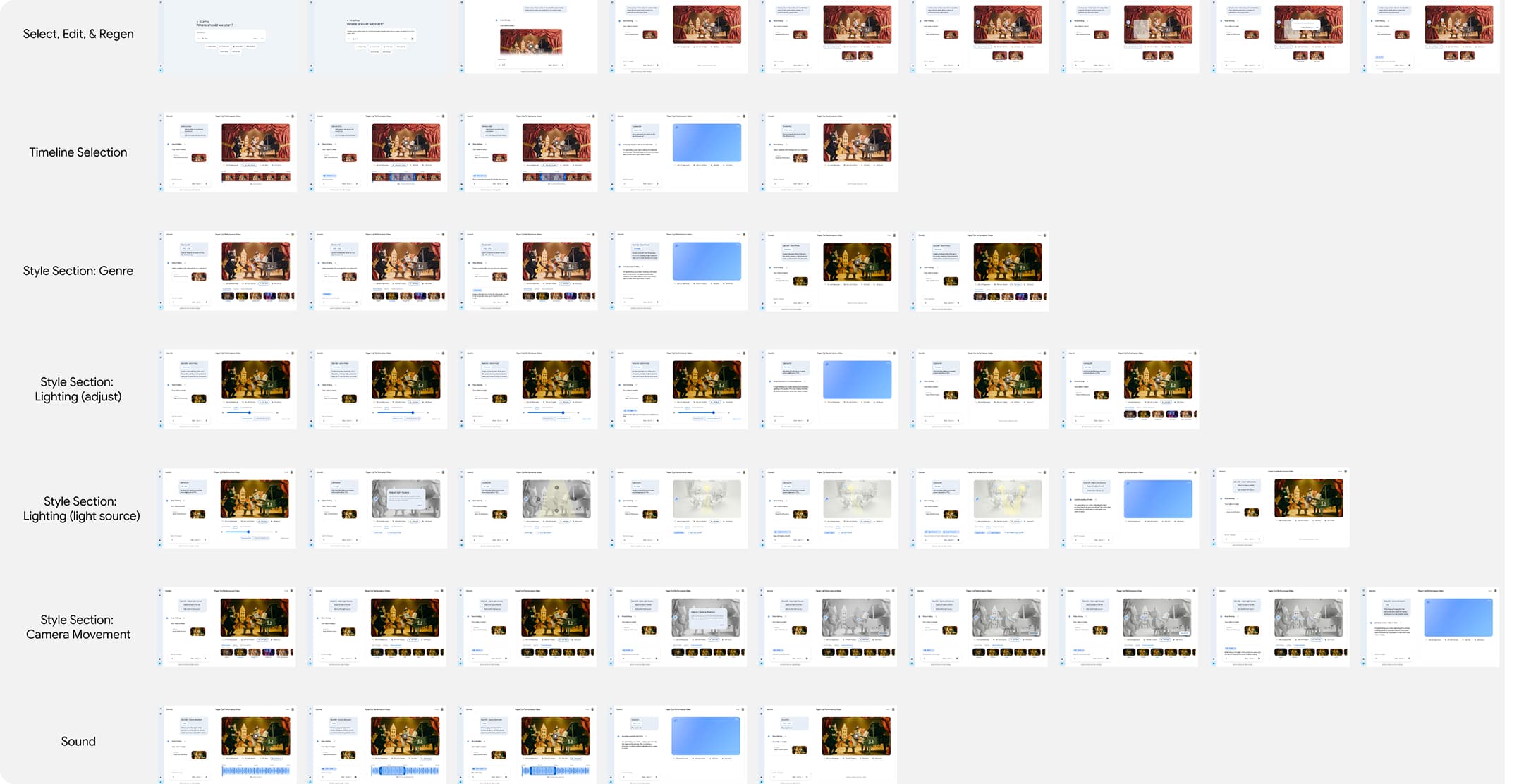 A grid of high-fidelity screens from the interactive prototype, including editing panels, a timeline view, and a data table.