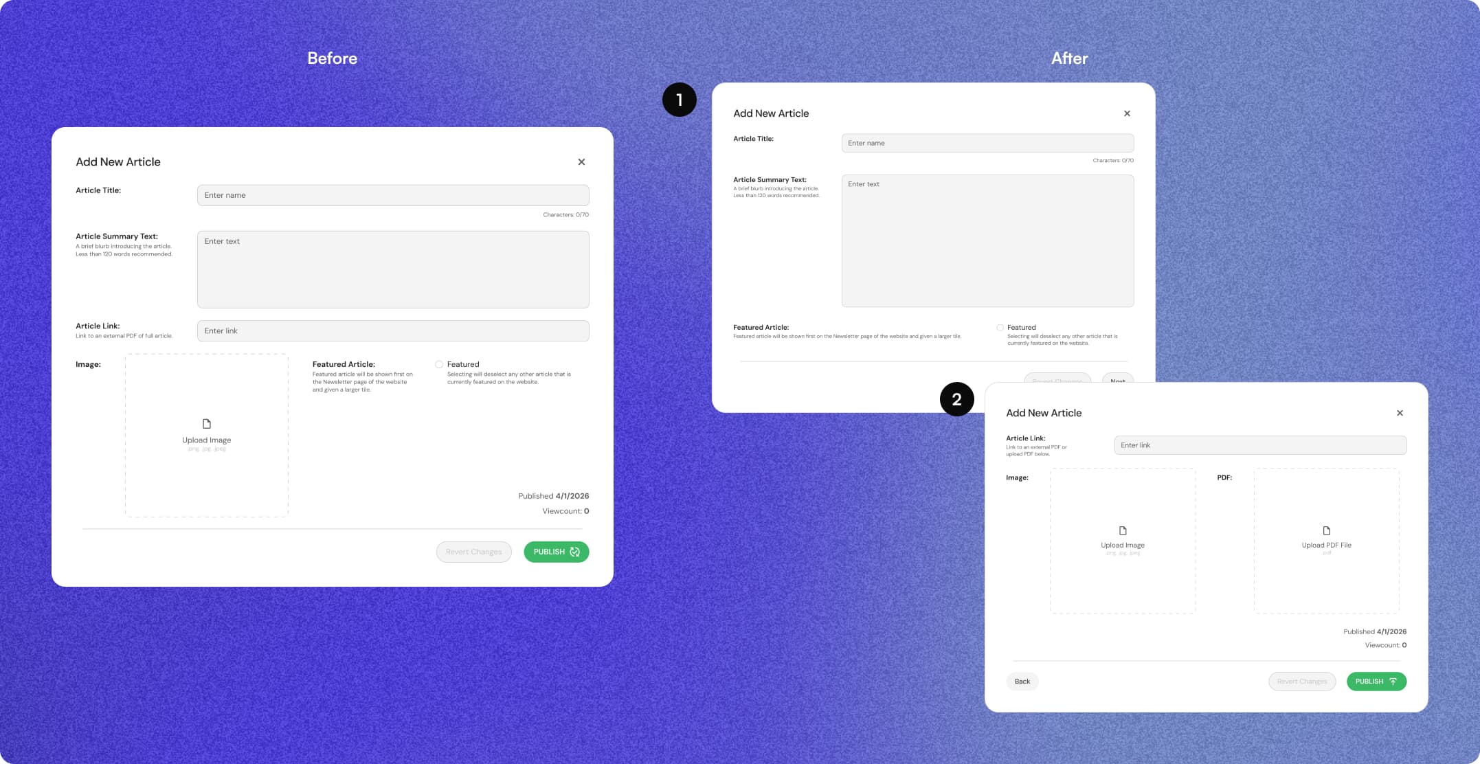 Before and after comparison of the admin portal's Add New Article form, split from one long form into a two-step flow.