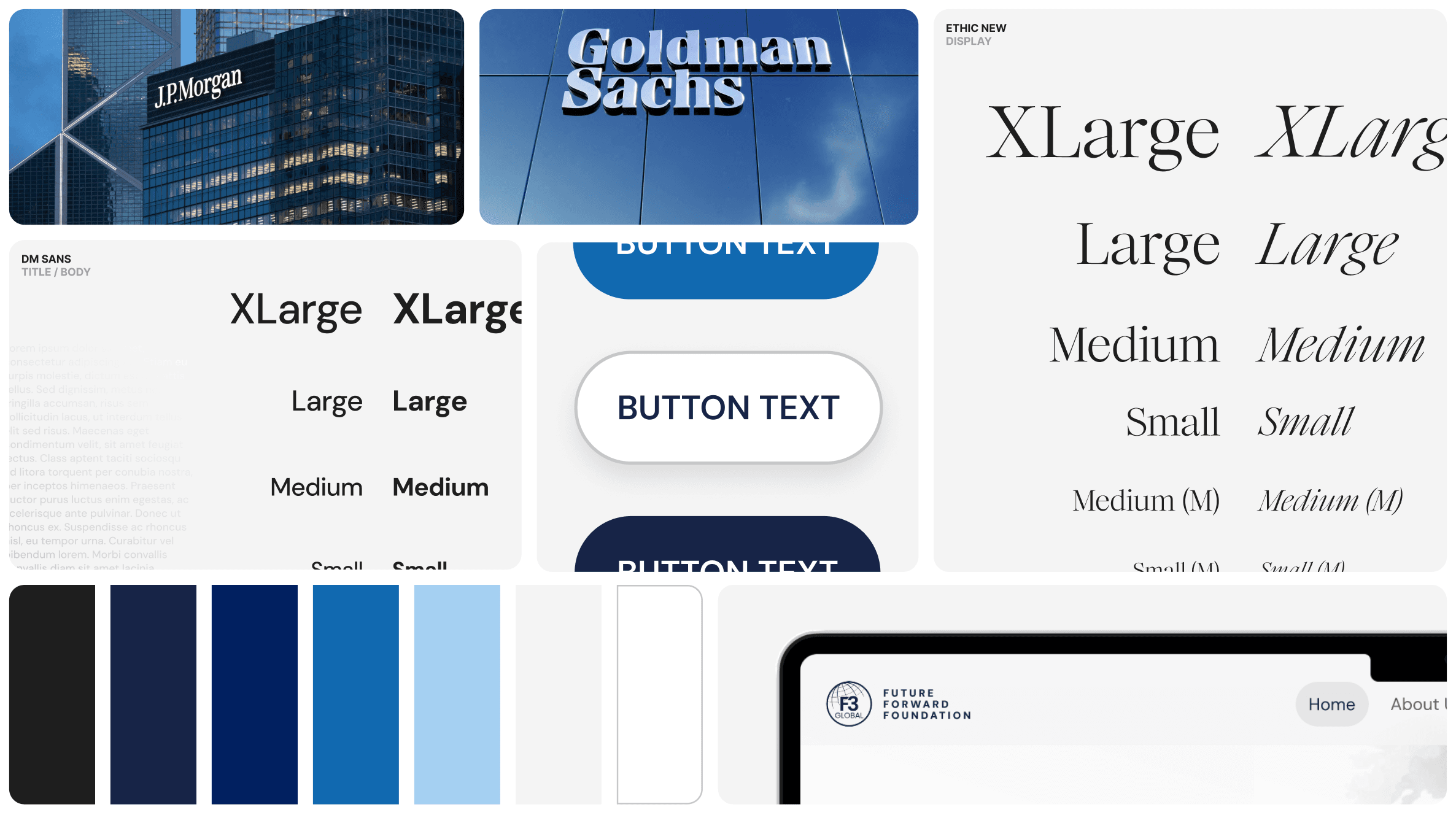 Design system reference board with JPMorgan and Goldman Sachs branding, typography scales, button styles, and the F3Global color palette.