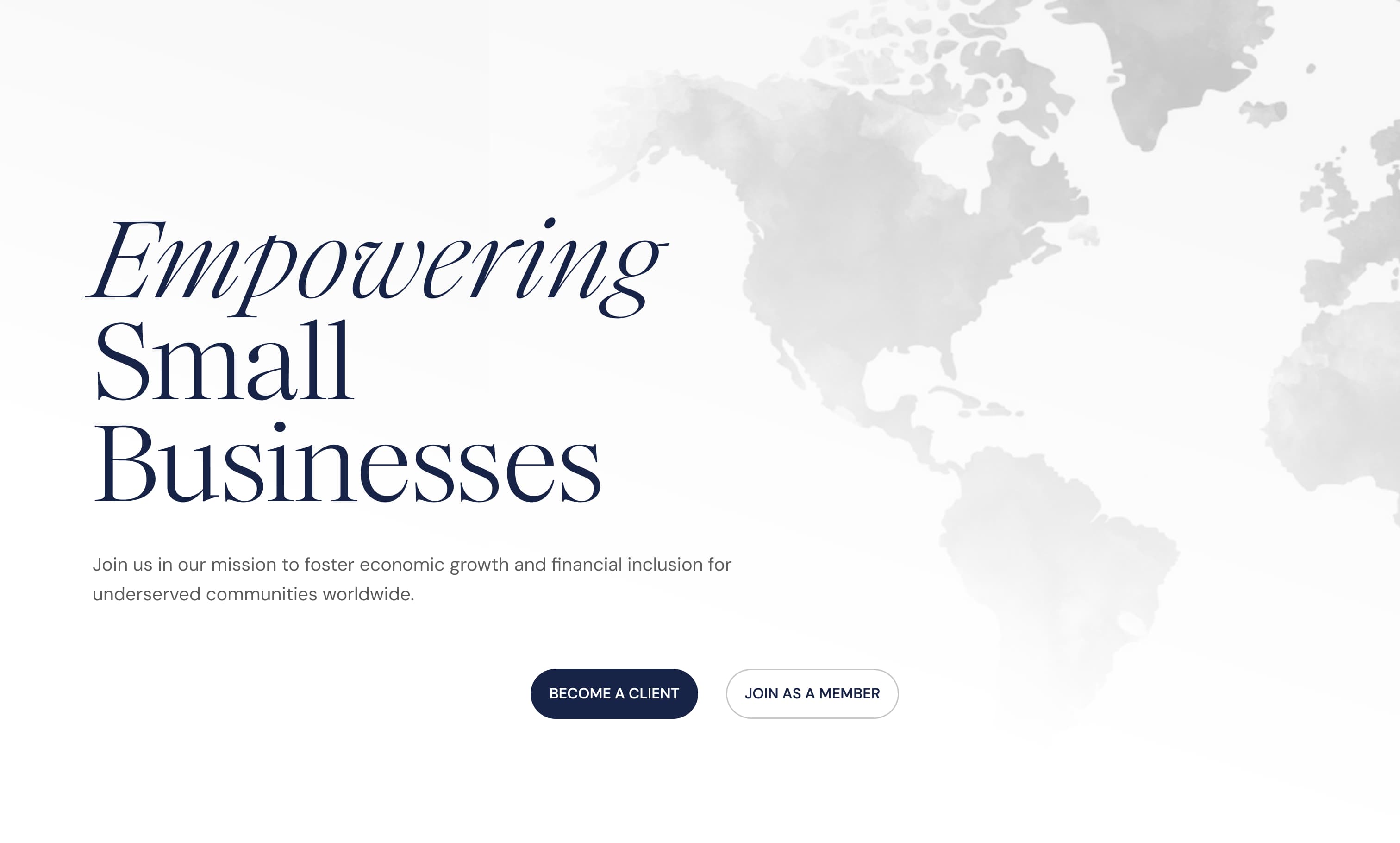 F3Global homepage hero reading “Empowering Small Businesses” over a faded world map, with Become a Client and Join as a Member buttons.