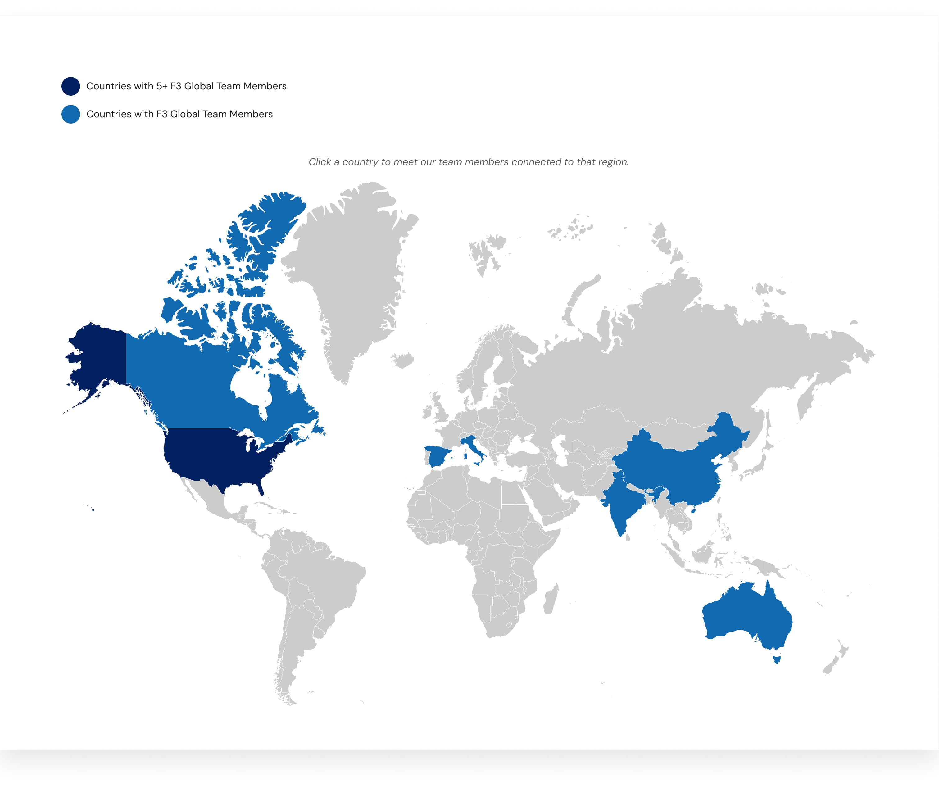 World map highlighting countries with F3Global team members, darker blue marking countries with five or more.