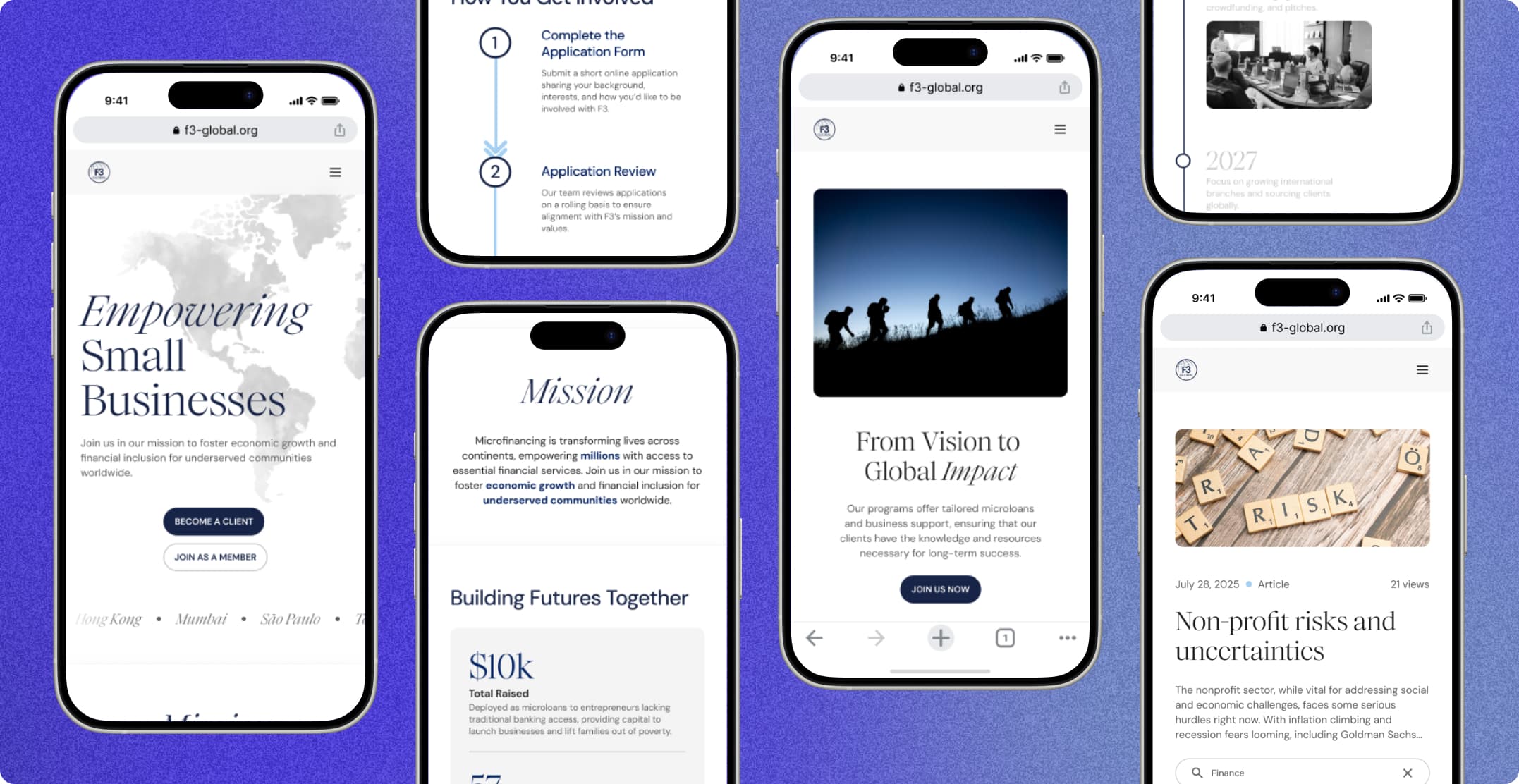 Responsive mobile screens of the F3Global site, including the homepage, mission page, donation flow, and an article page.
