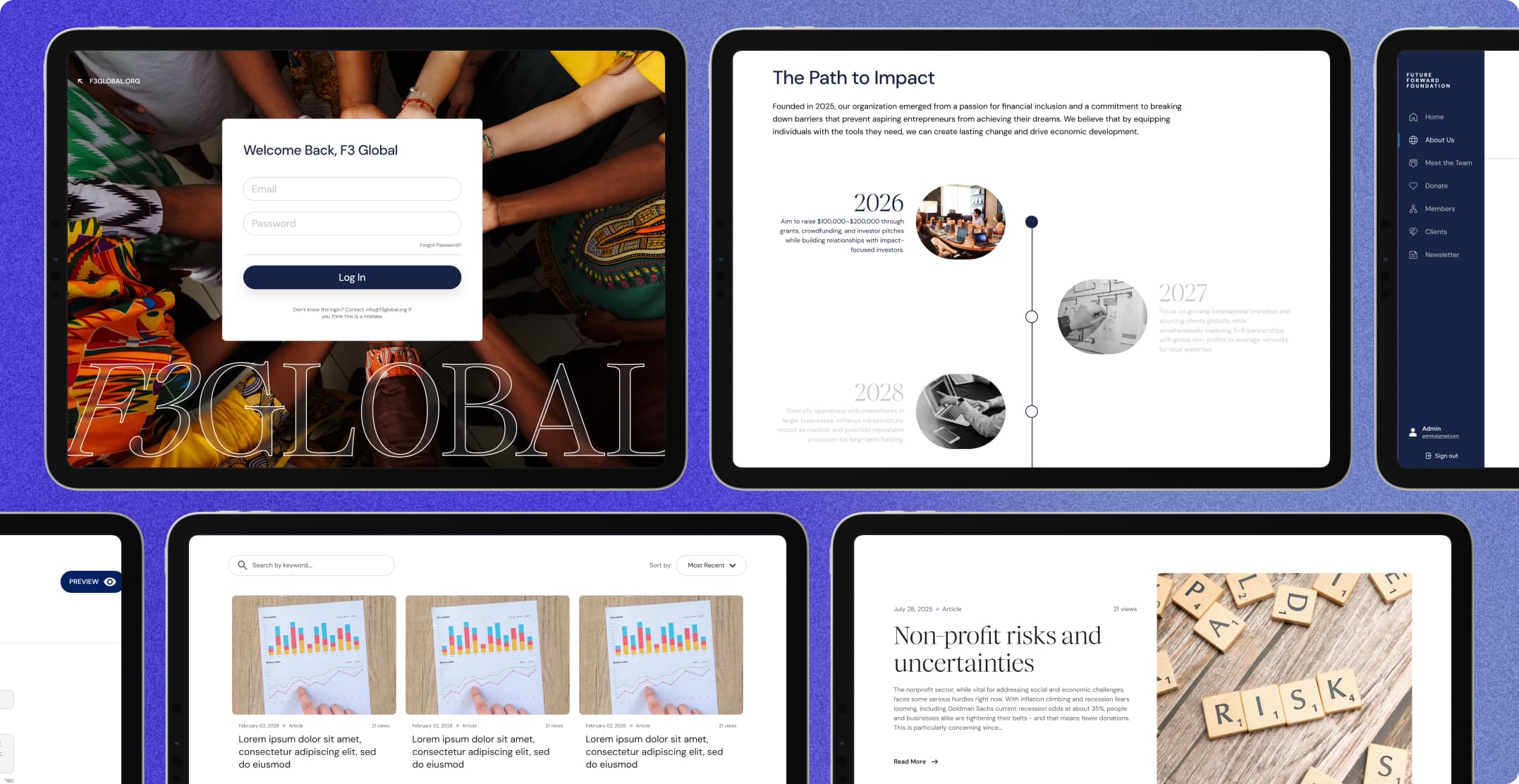Tablet mockups of the F3Global admin portal login screen, an impact timeline, the site's navigation sidebar, the newsletter article list, and a published article.
