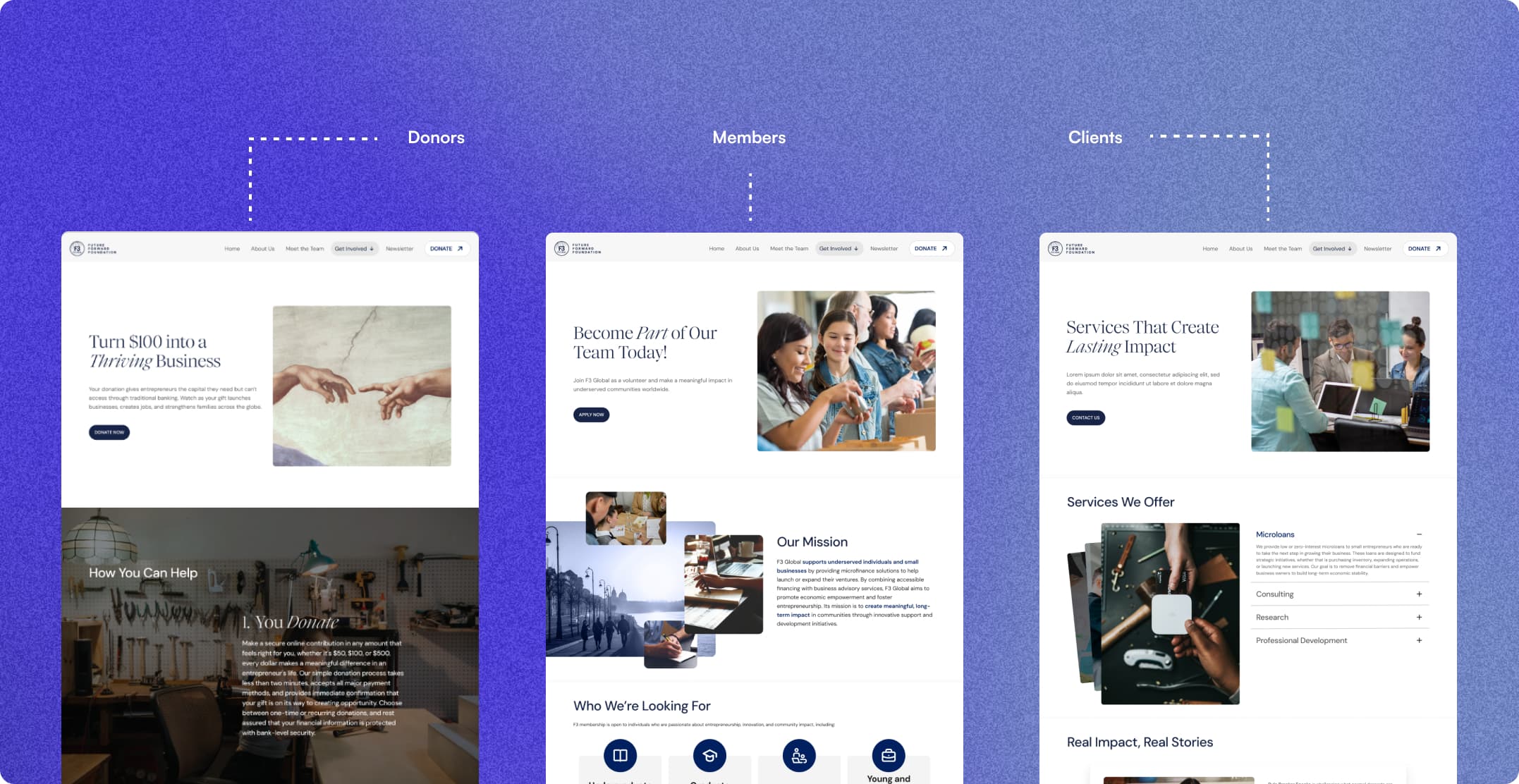 Three F3Global homepage variations side by side, each opening with a different call to action for donors, members, and clients.